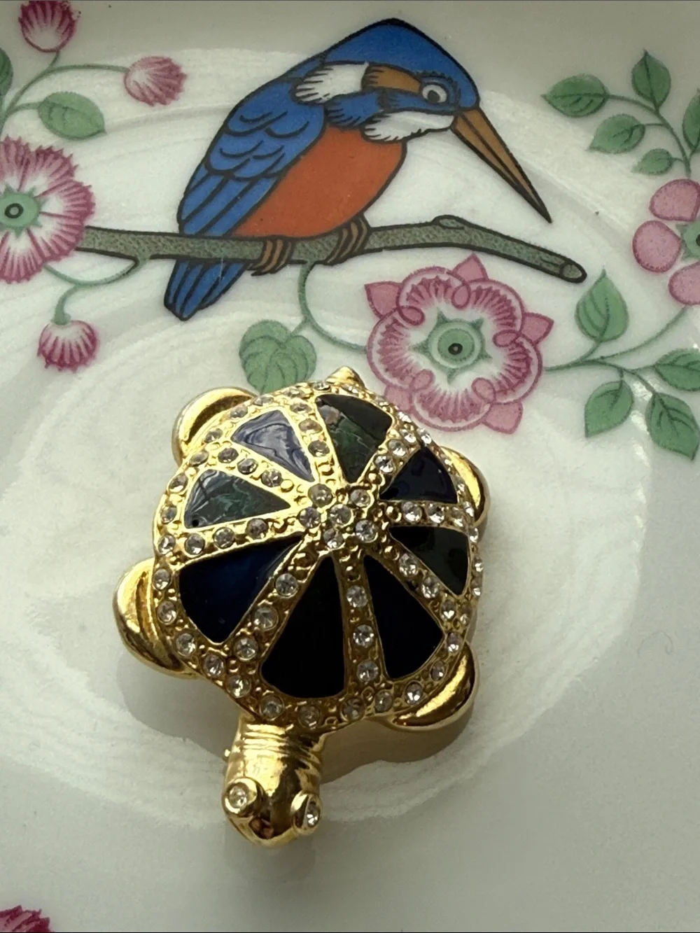 Gold Turtle Brooch Dark Blue Enamel & Green and Rhinestones pin unsigned
